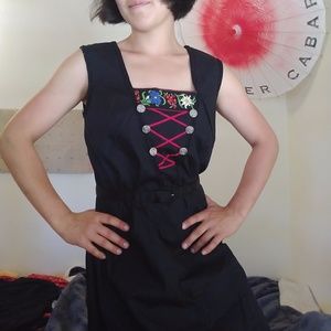 Vintage Black Sleeveless A-Line Dress with Peasant-style Detailing